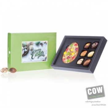 Afbeelding van relatiegeschenk:Pasen ChocoPostcard - Midi - Chocolade paaseitjes Paaseitjes en chocolade met wenskaa